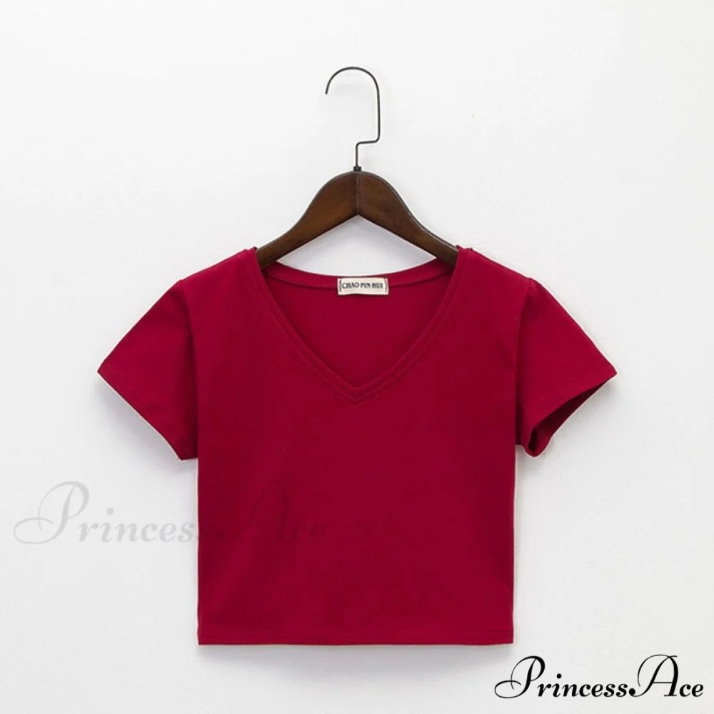 Cotton V Neck Solid Color T Shirt 1 / S