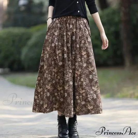 Cotton Vintage Printed Mid-Long Flowy Skirt coffee / M skirt-250126