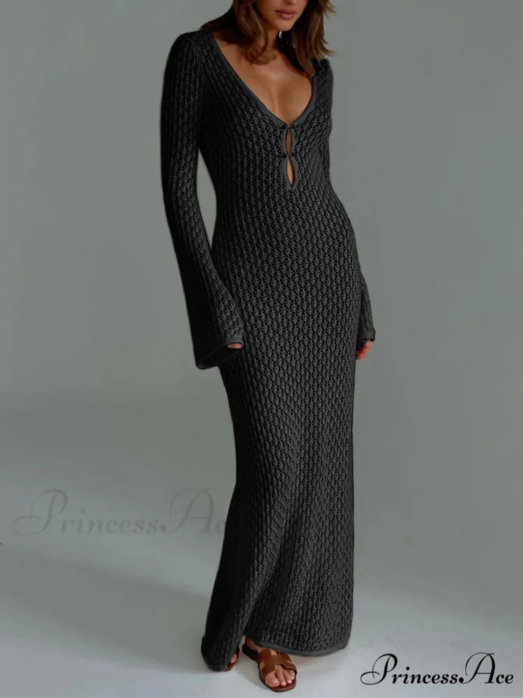 Cover Up Long Sleeve Modern Open Back Long Dress Black / XS