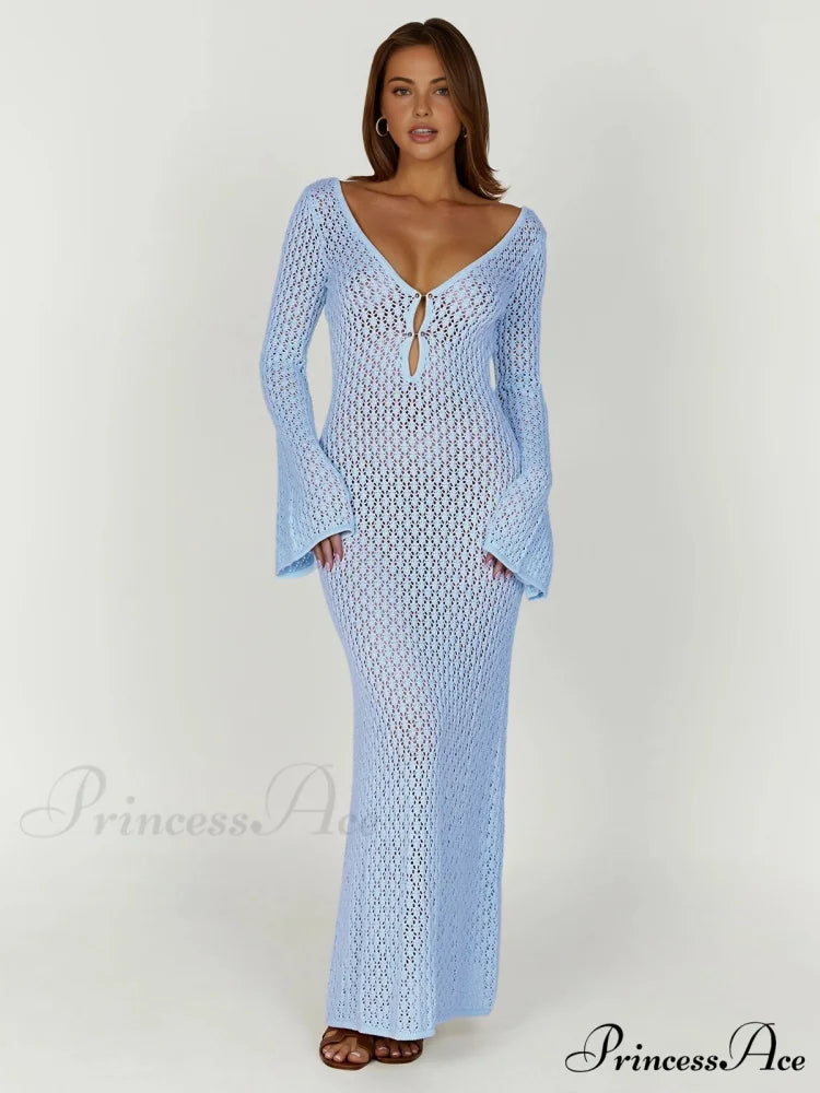 Cover Up Long Sleeve Modern Open Back Long Dress LightBlue / XS
