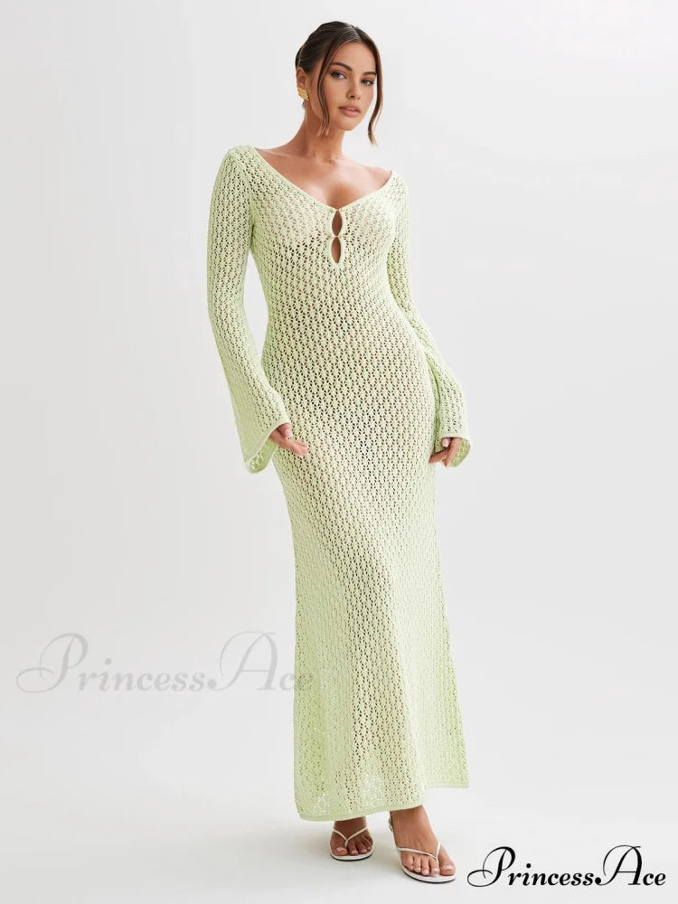 Cover Up Long Sleeve Modern Open Back Long Dress LightGreen / XS