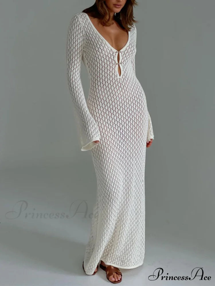 Cover Up Long Sleeve Modern Open Back Long Dress White / XS