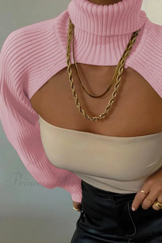 Cover-up Solid Knit Ribbed Turtleneck Sweater Pink / One Size