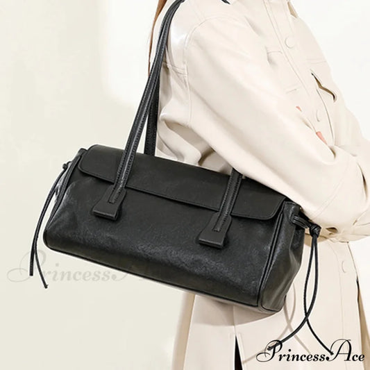 Cow Authentic Leather Deluxe Satchel Shoulder Bag Black shoulder-250126