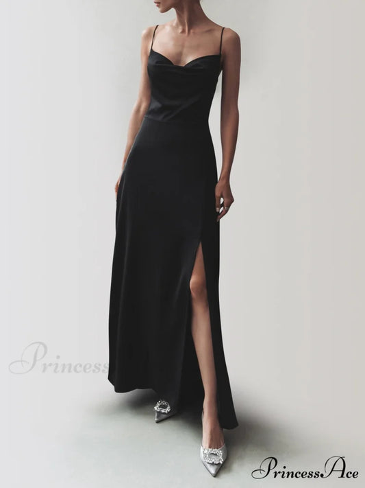 Cowl Neck Satin Trendy Slit Long Dress