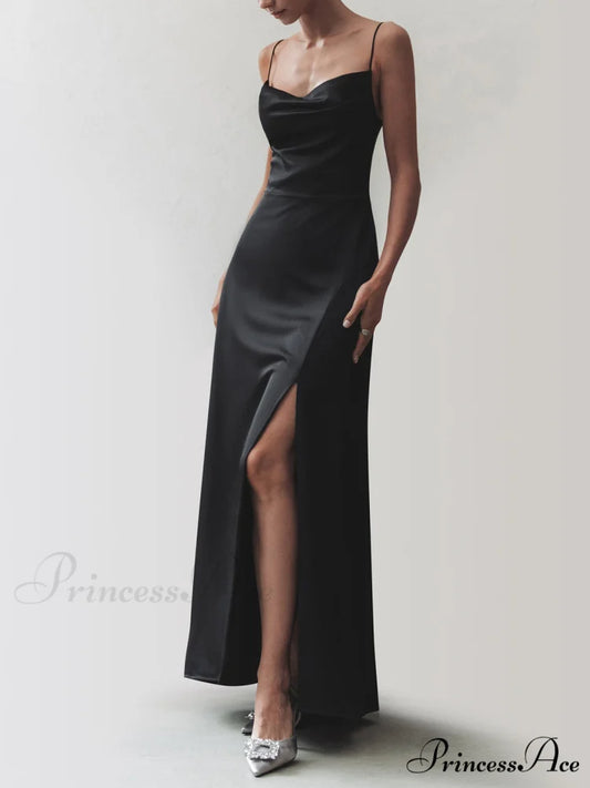 Cowl Neck Satin Trendy Slit Long Dress Black / XS