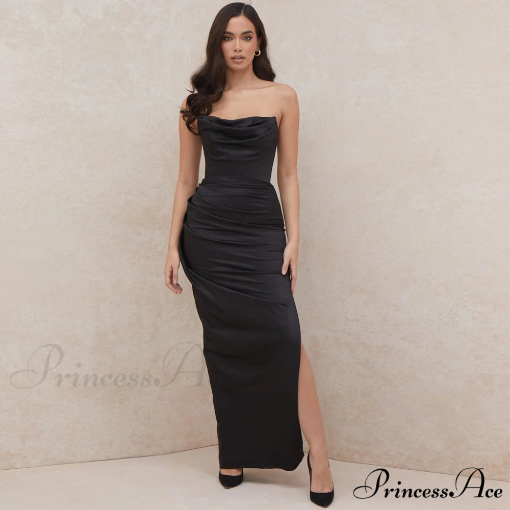 Cowl Neck Split Trendy Satin Maxi Dress M / Black