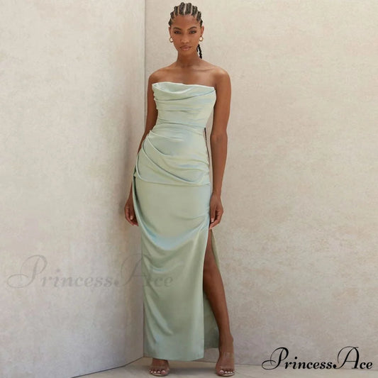 Cowl Neck Strapless Slit Modern Maxi Evening Dress - Black S / Green