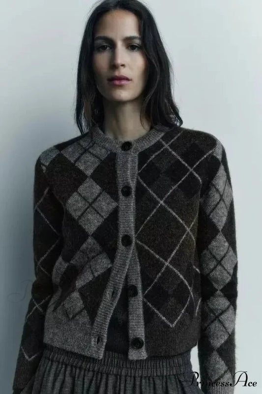 Cozy Diamond Design Circular Neck Cardigan black / S cardigans-241228