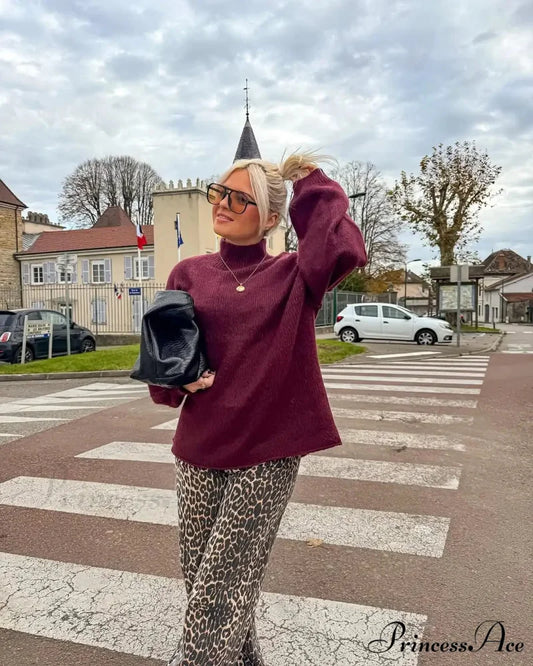 Cozy Elevated Collar Vintage Jumper wine red / S swraters-241228