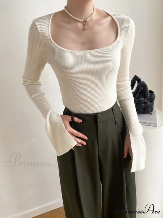 Cream Flare Long Trendy Sleeve Knit Top Off-White / S