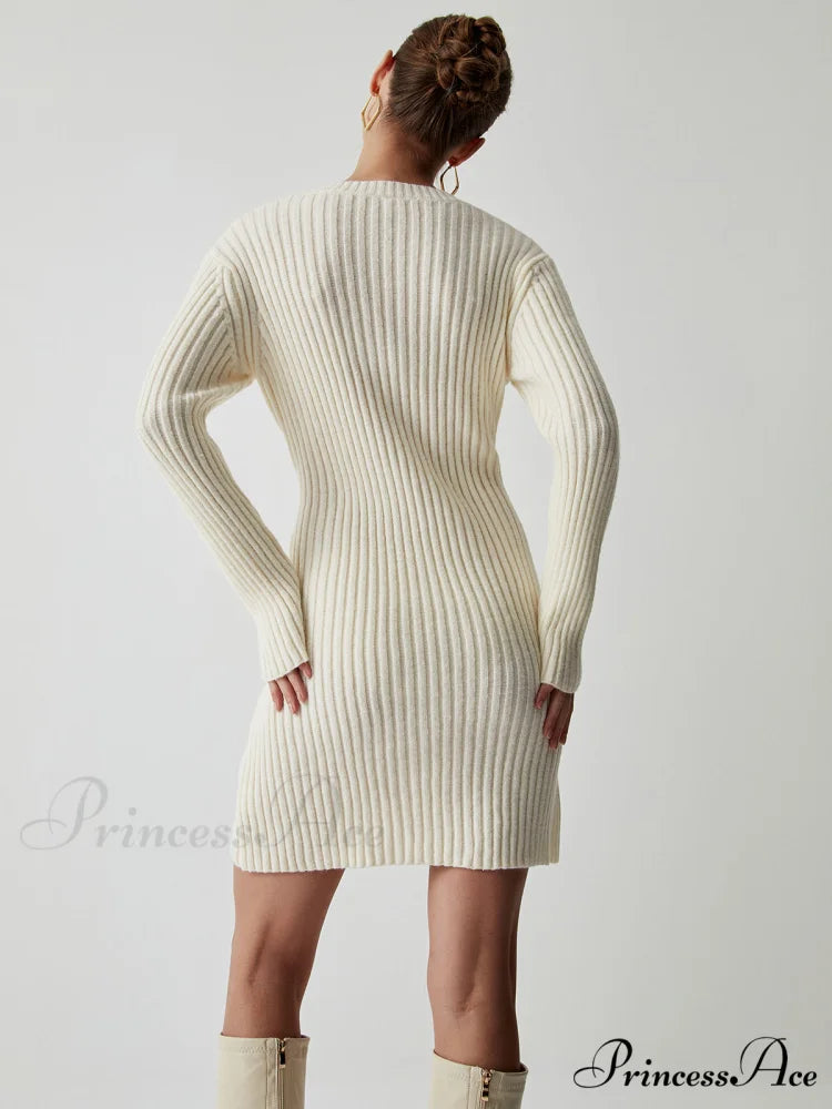 Cream Rib Long Trendy Sleeve Short Sweater Dress