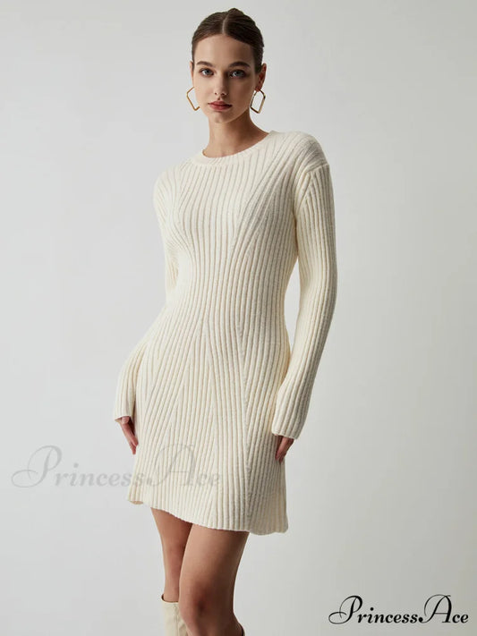 Cream Rib Long Trendy Sleeve Short Sweater Dress White / S