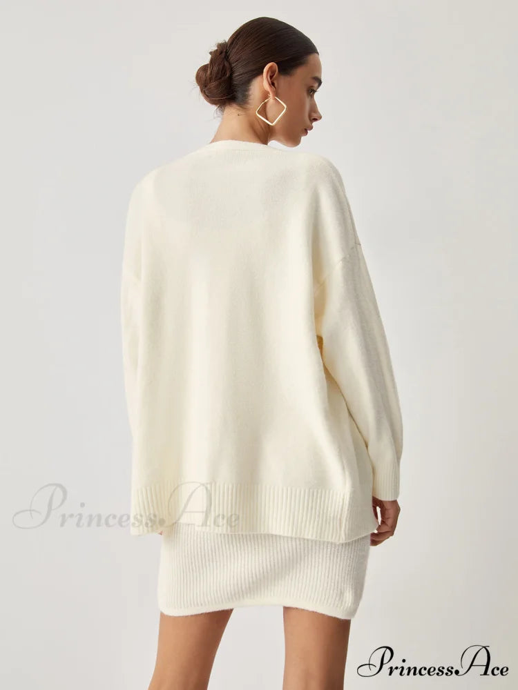 Cream Short Sweater Trendy Dress With Matching Cardigan