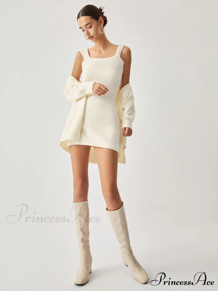Cream Short Sweater Trendy Dress With Matching Cardigan