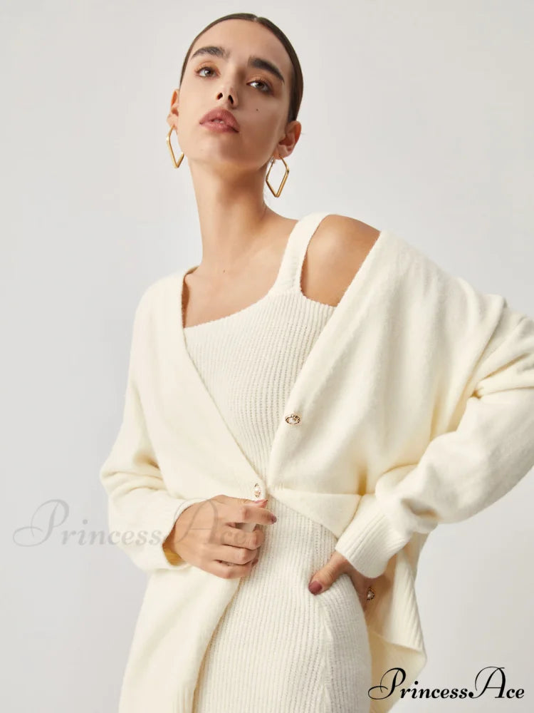 Cream Short Sweater Trendy Dress With Matching Cardigan