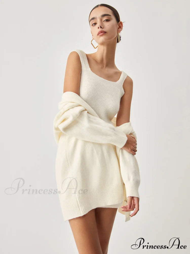 Cream Short Sweater Trendy Dress With Matching Cardigan