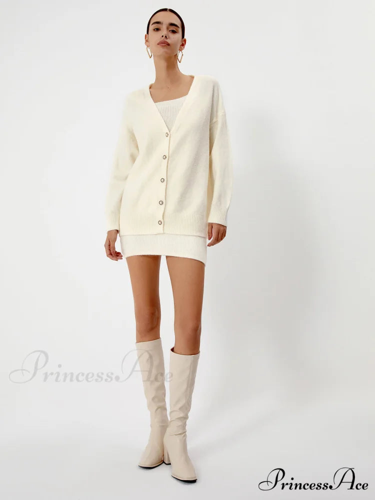 Cream Short Sweater Trendy Dress With Matching Cardigan Apricot / XS
