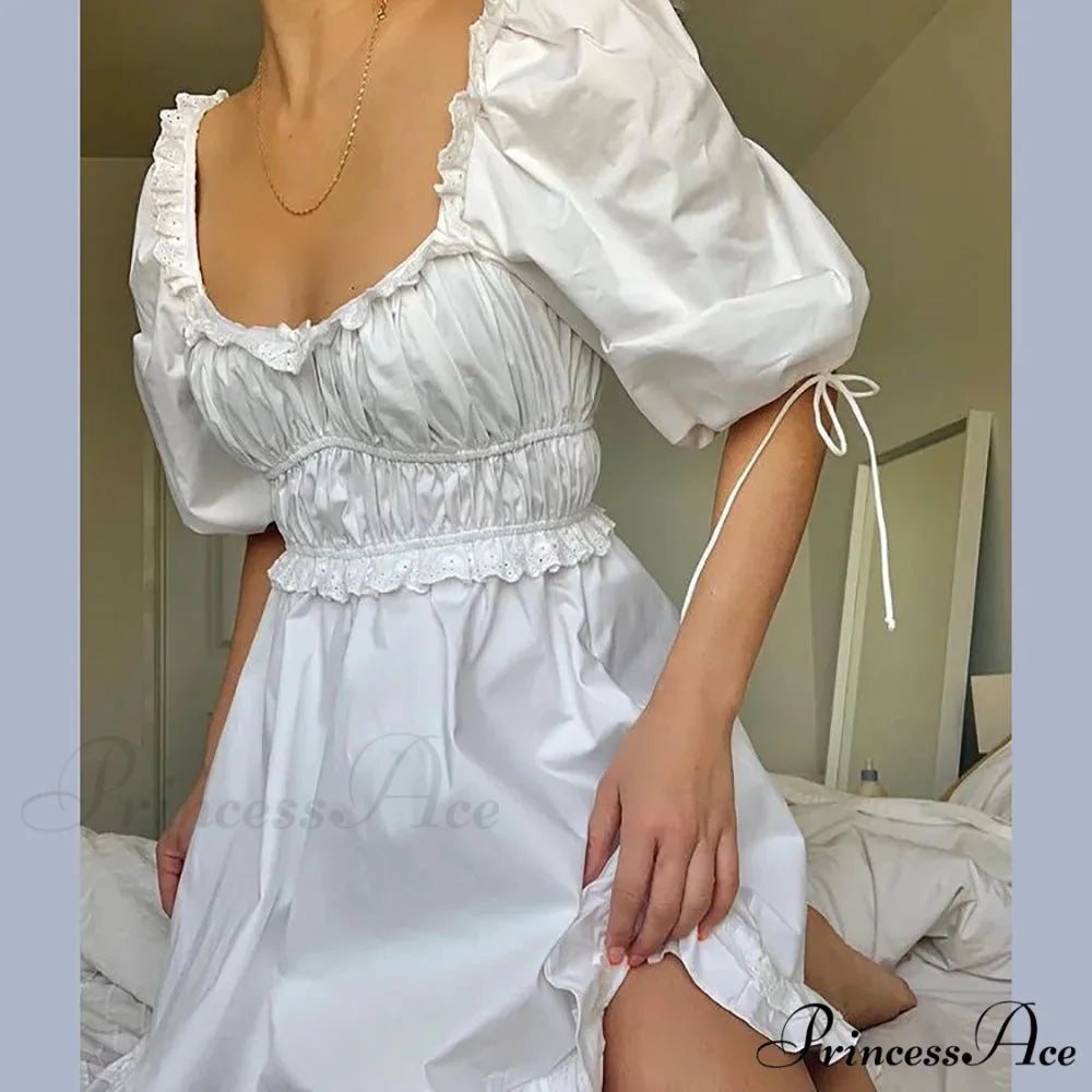 Creamy Billowy Sleeve Short Dress minidress-250223