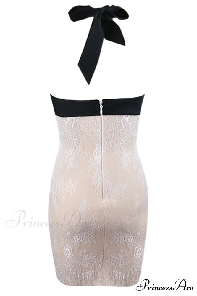 Crepe Paneled Lace Charming Halterneck Mini Dress