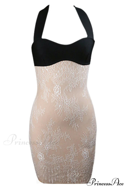 Crepe Paneled Lace Charming Halterneck Mini Dress S / Multi Color