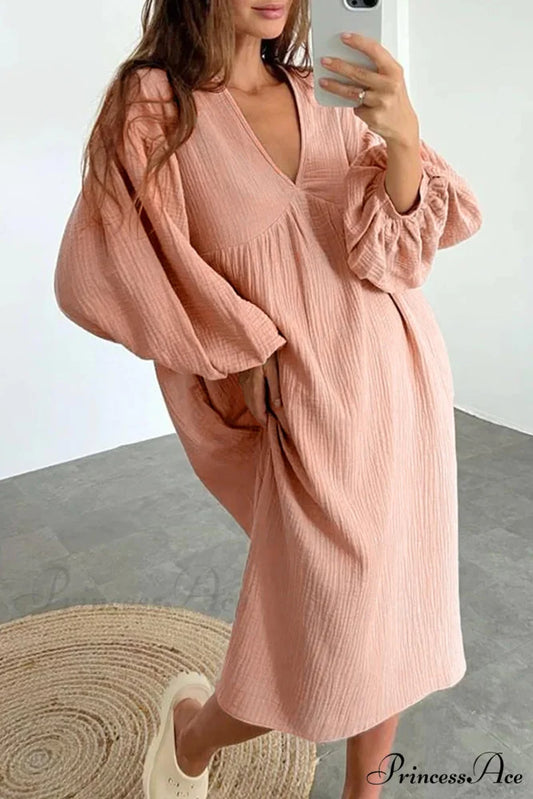 Crepe V Neck Puff Sleeve Loose Dress Pink / S