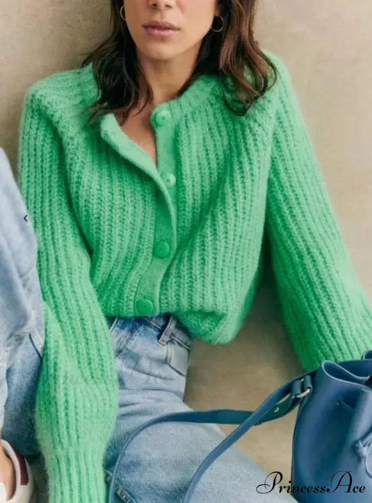 Crew Neck Button-Up Knit Cardigan green / S cardigans-241228