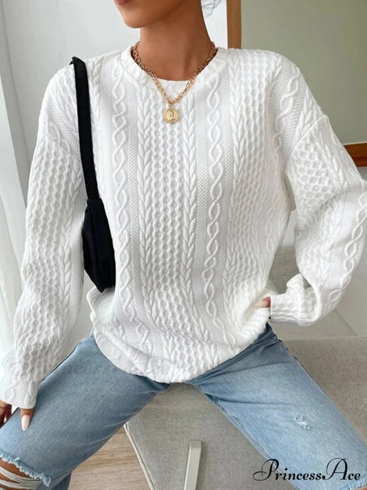 Crew Neck Graceful Cable Knit Sweater White / S