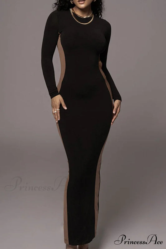 Crew Neck Long Sleeve Slit Midi Dress Black / S