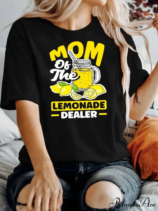 Crew Neck Short Sleeve Letter & Lemon Print Spring & Summer Women’s Clothing T-shirt BLACK / S