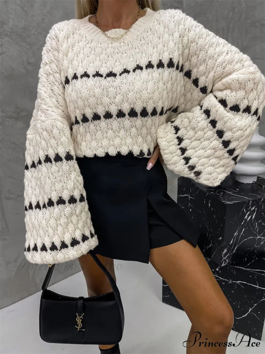Crew Neck Two-Tone Trendy Decor Casual Sweater Off-White / XS
