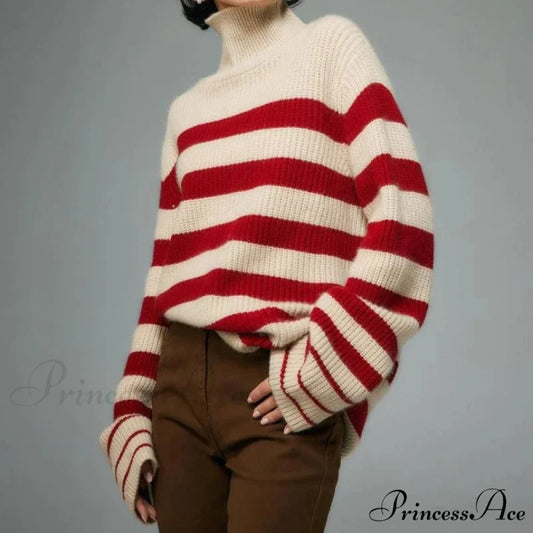 Crimson Banded Bulky Turn of the Century Sweater Red / One Size swraters-241228