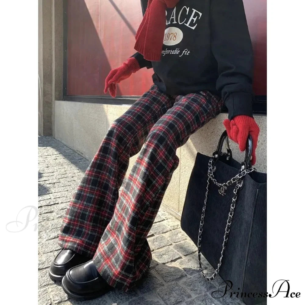 Crimson Checkered 2000s Women Broad Leg Trousers pants-241228