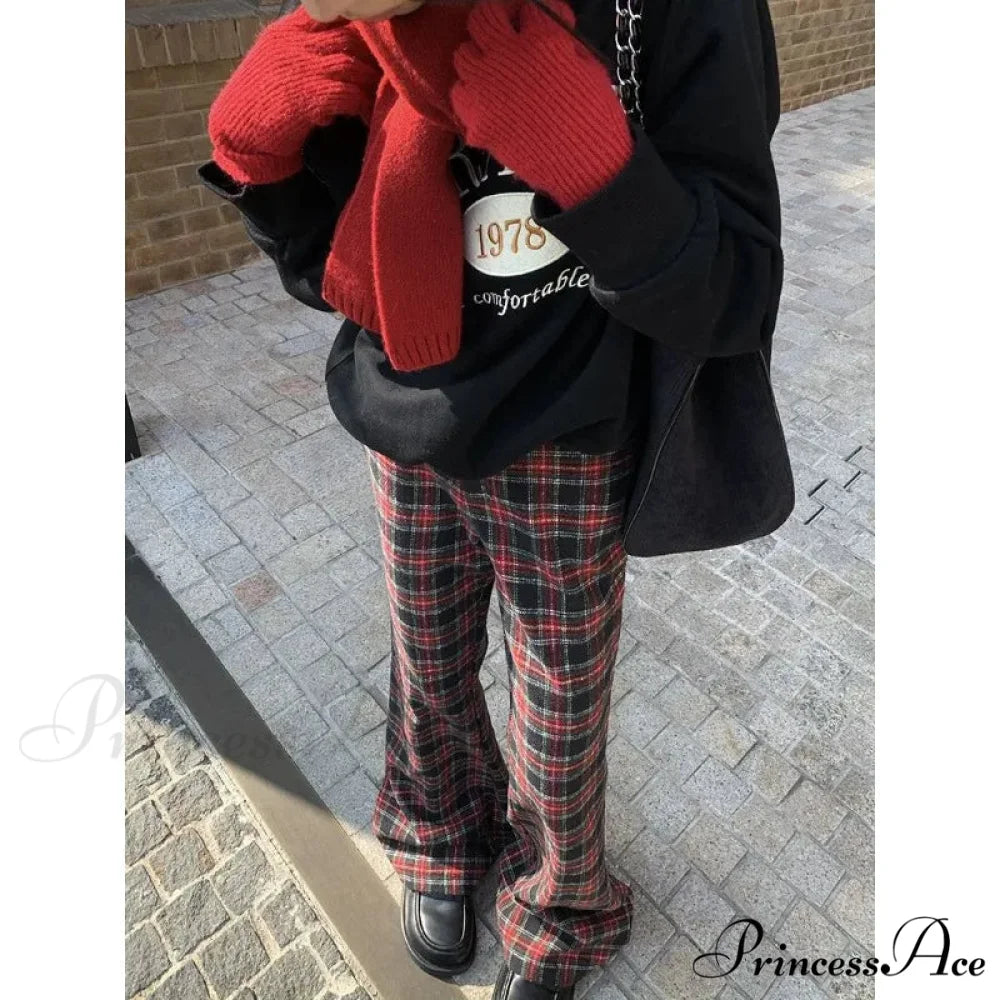 Crimson Checkered 2000s Women Broad Leg Trousers pants-241228