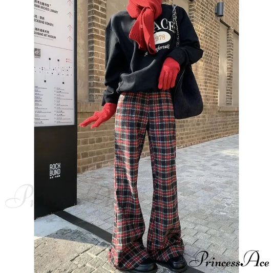 Crimson Checkered 2000s Women Broad Leg Trousers red / S pants-241228