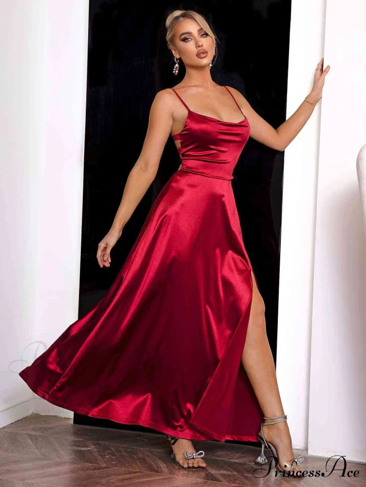 Crimson Elegance Stylish Satin Maxi Dress