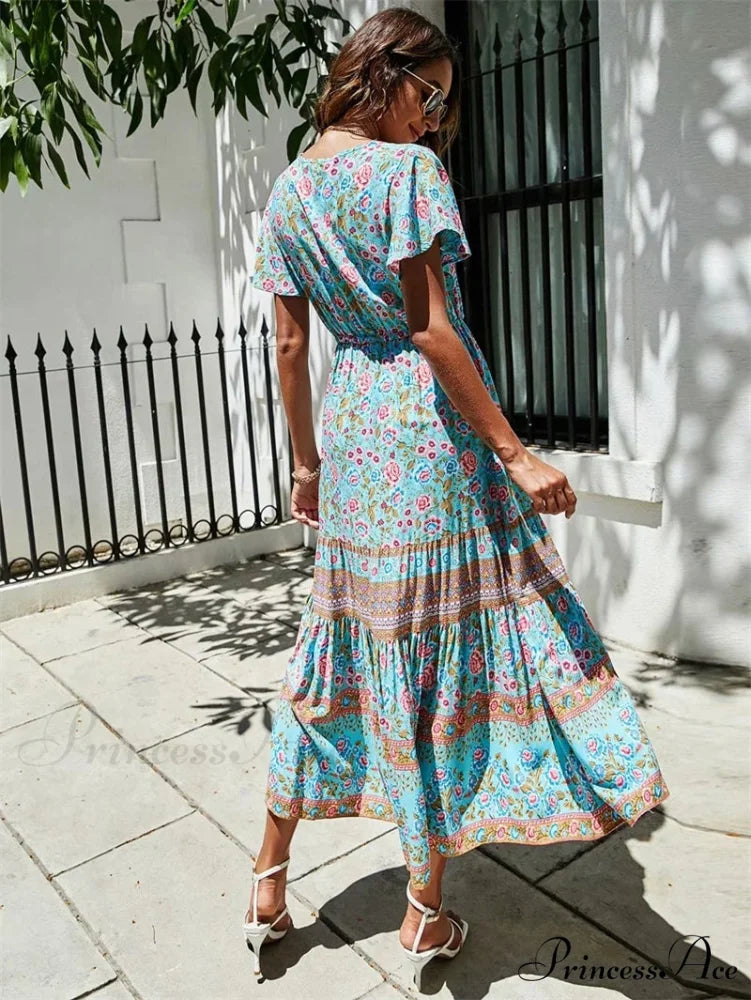 Crimson Flower Pattern Bat Sleeve Fringe V-neck Summer Boho Dress bohodress-250126