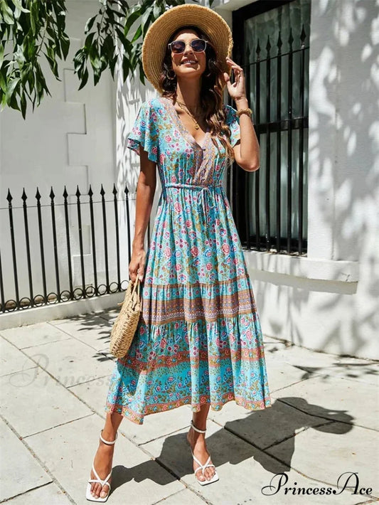 Crimson Flower Pattern Bat Sleeve Fringe V-neck Summer Boho Dress light blue / S bohodress-250126