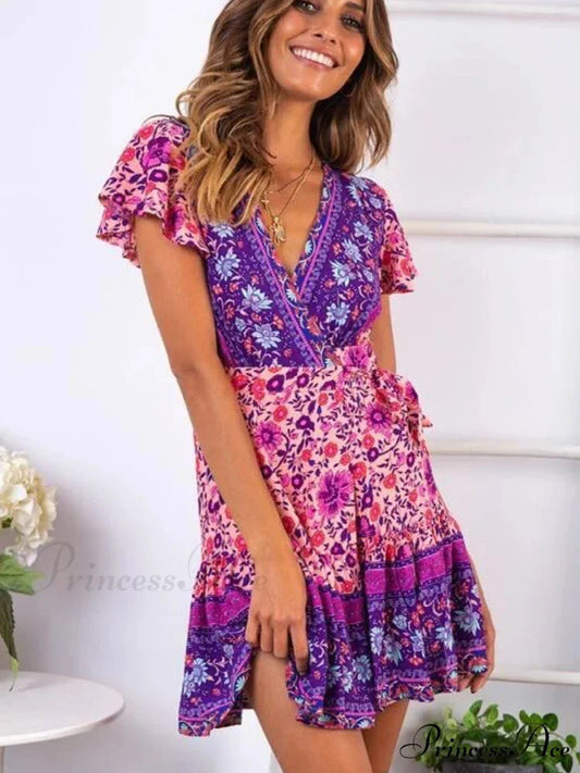 Crimson Flower Pattern Brief Sleeve Rayon Summertime Wrap Mini Boho Dress bohodress-250126