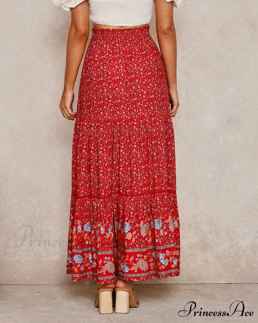Crimson Flower Pattern Seaside Free-Spirited High Rise Rayon Skirt skirt-250126