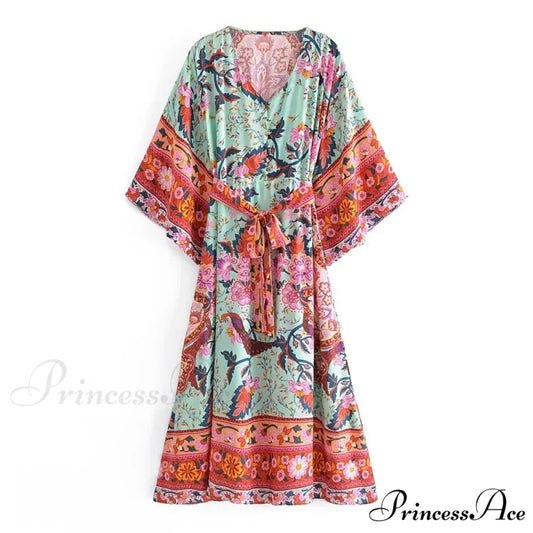 Crimson Flowery Bat Sleeve V-neck Kimono Cover-up Boho Dress Green / S bohodress-250126