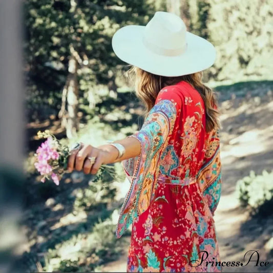 Crimson Flowery Bat Sleeve V-neck Kimono Cover-up Boho Dress Red / S bohodress-250126