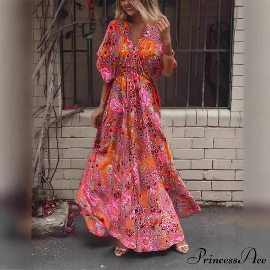 Crimson Flowery Batwing Sleeve Rayon Cotton Long Boho Dress Red / S bohodress-250126