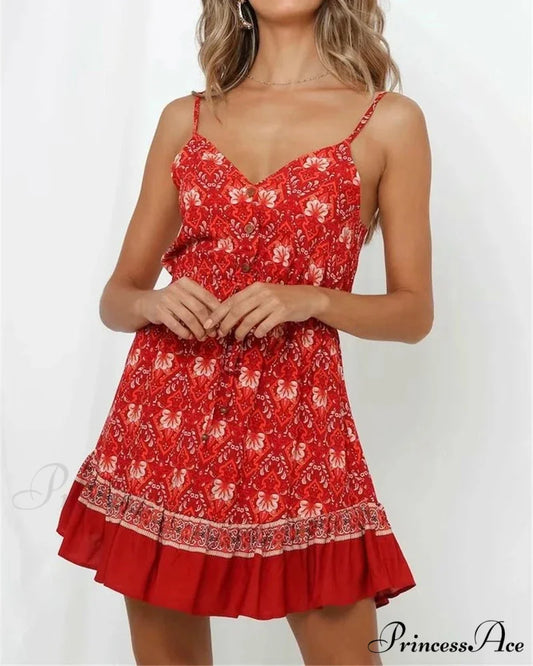Crimson Flowery Pattern Bandeau Sleeveless Rayon Mini Seaside Boho Dress Red / S bohodress-250126