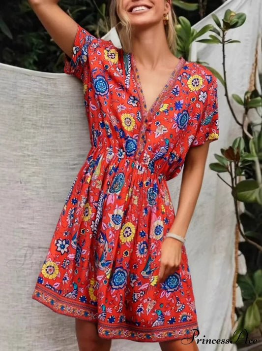 Crimson Flowery Peacock Pattern V-neck Short Sleeve Informal Mini Boho Dress Red / S bohodress-250126