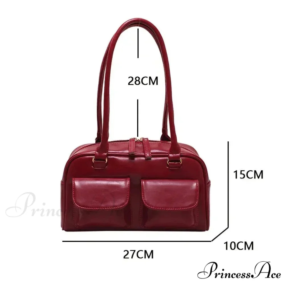 Crimson Glossy Leather Hobo Shoulder Bag shoulder-250126