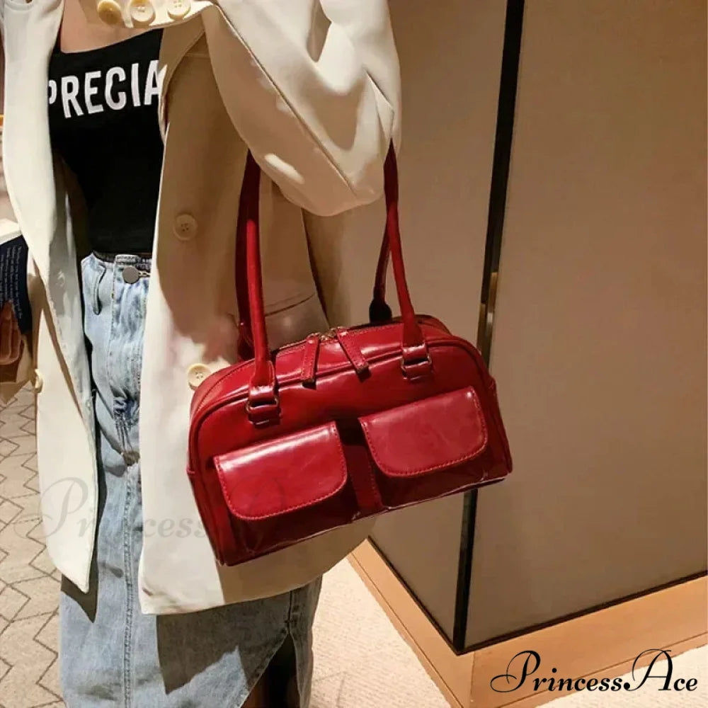 Crimson Glossy Leather Hobo Shoulder Bag Red shoulder-250126
