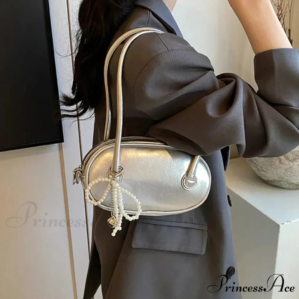 Crimson Informal Korean Fashion Armpit Shoulder Bag Silver shoulder-250126