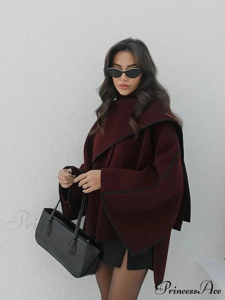 Crimson Patchwork Woolen Coat burgundy red / S coats-241228