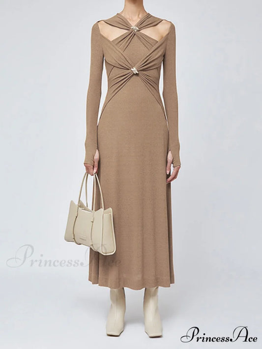Criss Cross Cut Trendy Out Long Dress Brown / S
